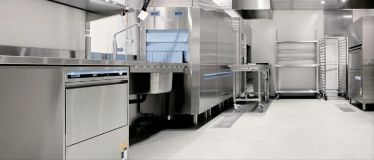 Stainless commercial kitchen with floor drains